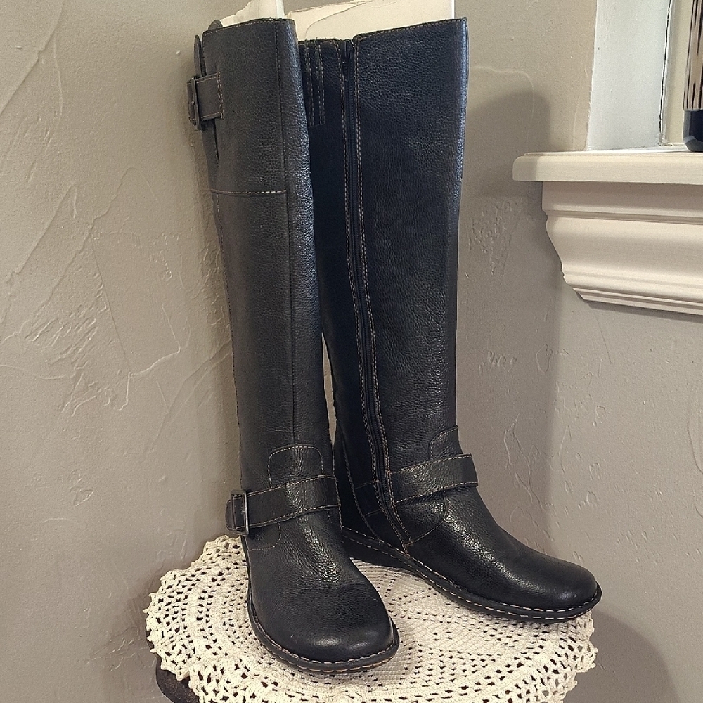 Cabelas Black Knee High Leather Boots Size 9 Zip Up Outer Buckle